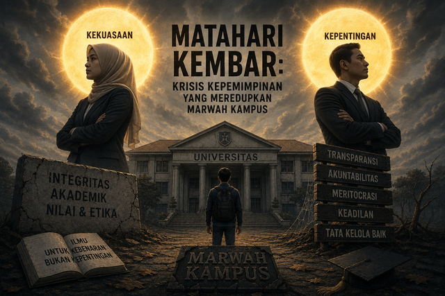 Ilustrasi matahari kembar terkait krisis kepemimpinan yang meredupkan marwah kampus. Foto: Generate by AI