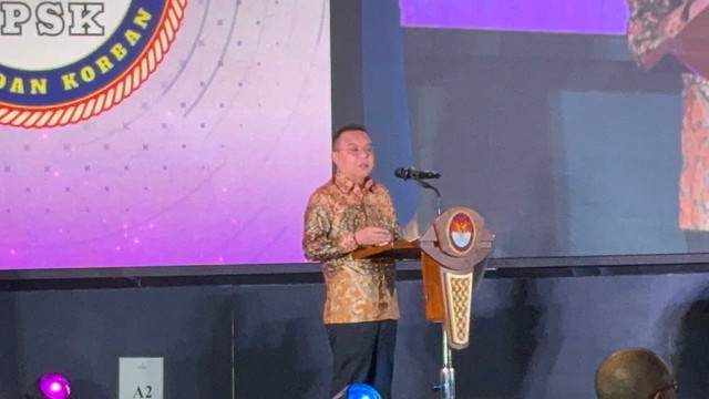 Wakil Ketua DPR RI, Sufmi Dasco Ahmad memberikan sambutan pada acara Peluncuran Program Dana Bantuan Korban (DBK) "Saraya Baruna Ananta" di Hotel Tribrata, Jakarta Selatan, Jumat (7/8). Foto: Joakhim Tharob/kumparan