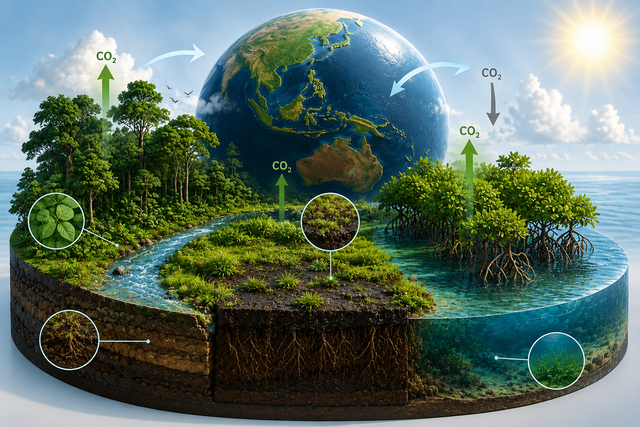 Ilustrasi Ekosistem Hutan Tropis, Lahan Gambut, dan Hutan Mangrove. Foto: Generated by AI.