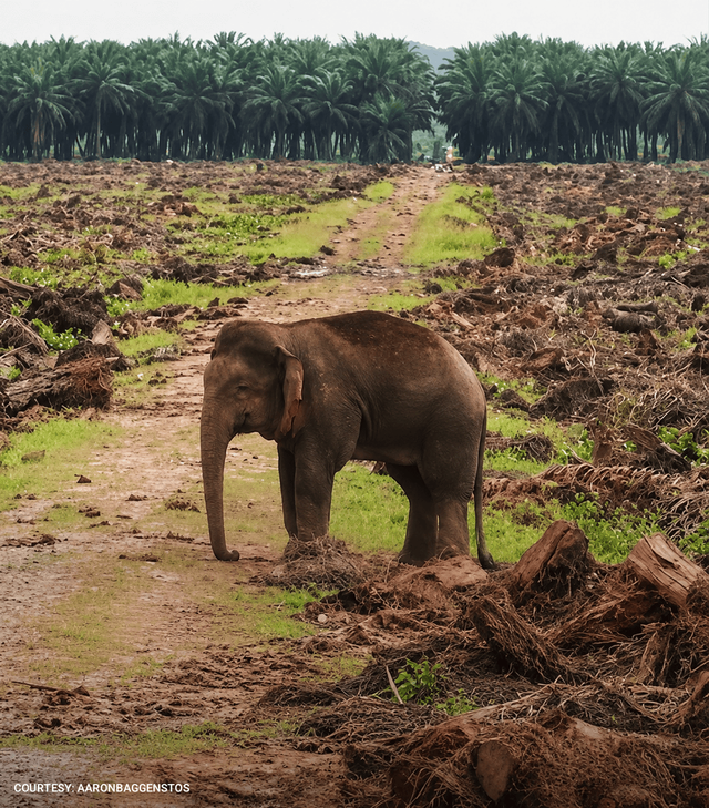 Gajah Borneo berjalan sendirian ditenagah hutan yang rusak