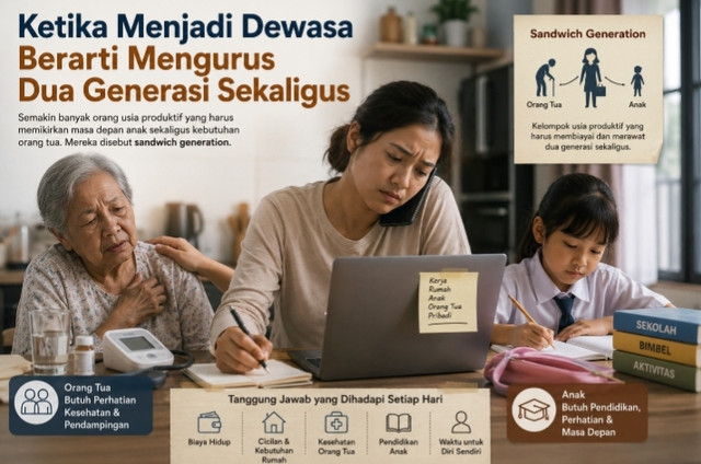 Ilustrasi mengurus dia generasi sekaligus. (Sumber: ChatGPT.co.id). 