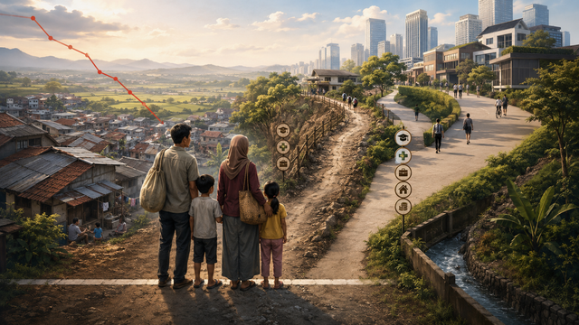 Ilustrasi ketimpangan ekonomi dan kerentanan masyarakat di tengah penurunan angka kemiskinan di Indonesia. Gambar dibuat menggunakan kecerdasan buatan (AI).