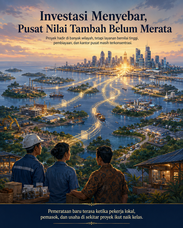 Ilustrasi proyek investasi yang sudah menyebar namun nilai tambah nya masih terpusat. Foto generated by AI.