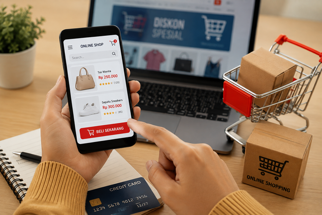 Ilustrasi konsumen melakukan transaksi belanja online melalui smartphone