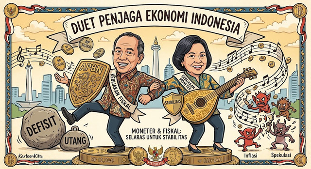 Ilustrasi duet penjaga kebijakan fiskal dan moneter Indonesia (Ilustrasi oleh AI/Gemini).