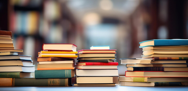 A stack of books with a library scene behind/www.magnific.com