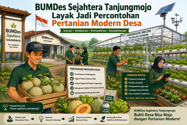 Ilustrasi BUMDes Sejahtera Tanjungmojo: Percontohan Pertanian Modern Desa (Sumber Gambar: AI Image Generator)