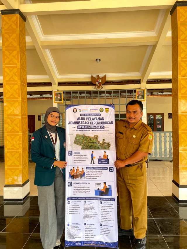 Penyerahan Ouput Standing Banner Pelayanan Administrasi Kependudukan bersama Perangkat Desa Pundungrejo. Dok. Istimewa