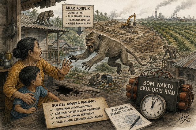 Bom Waktu Ekologis Riau: Mengurai Akar Konflik Manusia-Monyet Liar, Dok. Ilustrasi AI