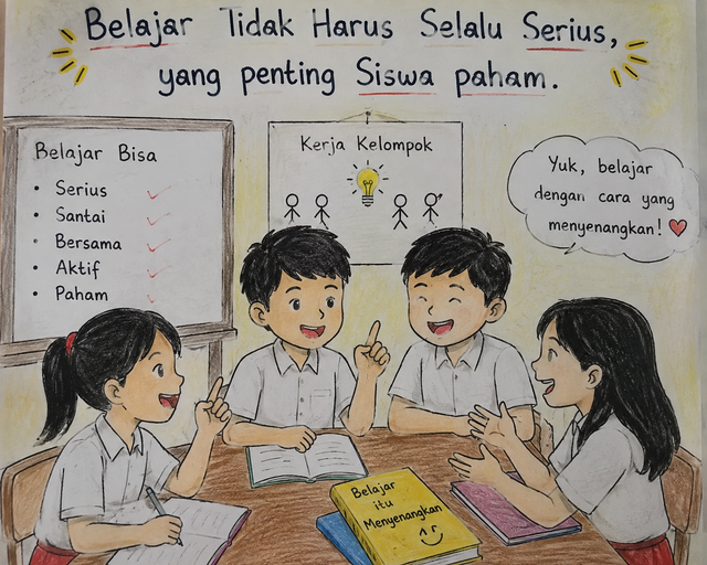 Gambar ini menunjukkan suasana belajar siswa yang menyenangkan dan tidak terlalu tegang. Terlihat beberapa siswa sedang belajar bersama, berdiskusi, dan saling membantu. Gambar ini menggambarkan bahwa belajar tidak harus selalu serius atau hanya duduk diam mendengarkan guru. Yang paling penting adalah siswa merasa nyaman, aktif, dan benar-benar memahami materi yang dipelajari. Dok. Ilustrasi AI