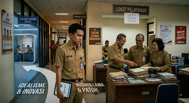 Ilustrasi ASN Muda dalam menghadapi dinamika birokrasi dan budaya kantor yang terkadang bertentangan dengan idealisme (Gambar hasil olahan Gemini AI)