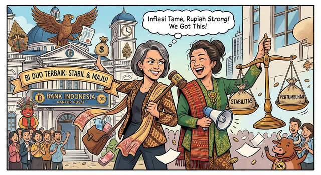 Ilustrasi duo perempuan di puncak Bank Indonesia (Dibuat oleh AI/Gemini).