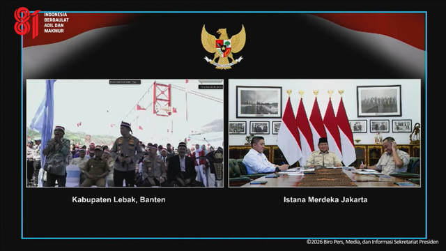 Presiden Prabowo mengahdiri secara daring acara Peresmian 3.395 Jembatan TNI Polri dan 3.000 Sumber Air Bersih TNI AD, pada Kamis (13/8/2026). Foto: YouTube/ Sekretariat Presiden