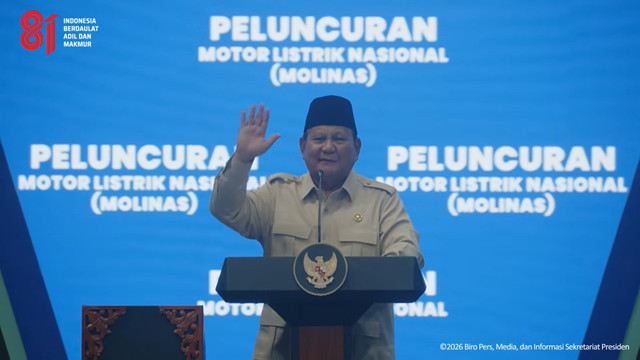 Presiden Prabowo luncurkan motor listrik nasional beserta ekosistem pendukung di Bekasi, Kamis (13/8/2026). Foto: YouTube/ Sekretariat Presiden
