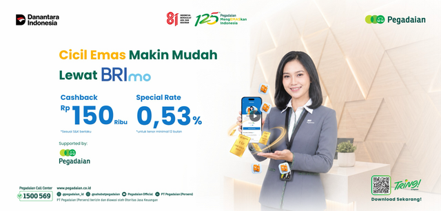 Aplikasi BRImo menghadirkan fitur Cicil Emas di menu Investasi dengan promo special rate sebesar 0,53% dan cashback saldo Tabungan Emas senilai Rp 150 ribu sampai 31 Desember 2026. Foto: Dok. Pegadaian