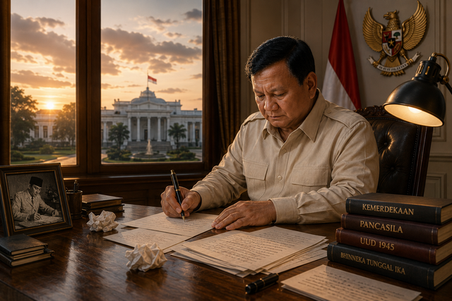 Foto: Ilustrasi Presiden Prabowo Menulis Naskah Pidato Kenegaraan (Diolah oleh Penulis)