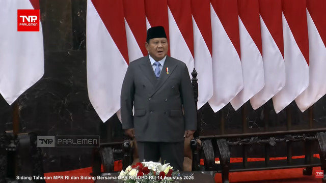 Presiden Prabowo, menghadiri Sidang Tahunan DPR/MPR, Jumat (14/8/2026). Foto: YouTube/ TVR Parlemen