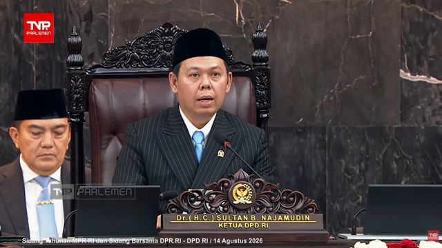 Ketua DPD RI Sultan Bachtiar Najamudin saat pimpin Sidang Tahunan DPR/MPR, Jumat (14/8/2026). Foto: YouTube/ TVR Parlemen