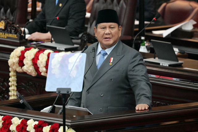 Presiden Indonesia Prabowo Subianto menyampaikan Pidato Kenegaraan tahunannya, menjelang perayaan Hari Kemerdekaan negara, di Jakarta pada 14 Agustus 2026. Foto: Bay Ismoyo / AFP