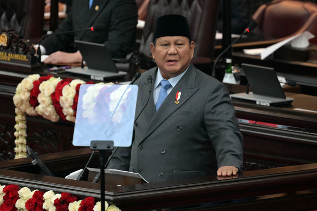 Presiden Indonesia Prabowo Subianto menyampaikan Pidato Kenegaraan tahunannya, menjelang perayaan Hari Kemerdekaan negara, di Jakarta pada 14 Agustus 2026.  Foto: Bay Ismoyo / AFP