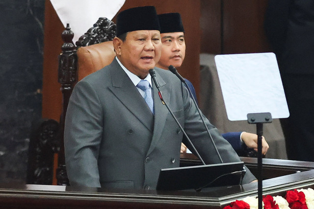 Presiden Indonesia Prabowo Subianto menyampaikan pidato kenegaraan tahunannya di hadapan anggota Parlemen, di Jakarta, Indonesia, 14 Agustus 2026. Foto: Reuters/Stringer