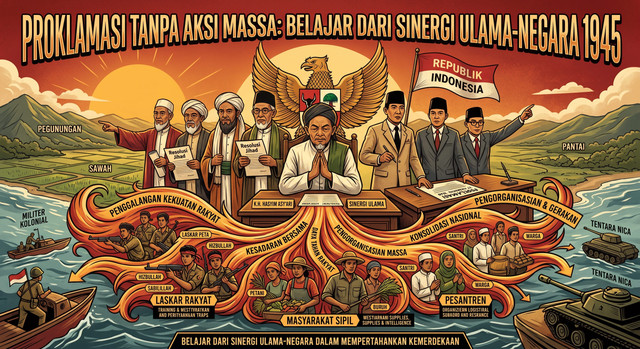 Ilustrasi Sinergi Ulama-Negara 1945. Foto: Generate by Gemini.
