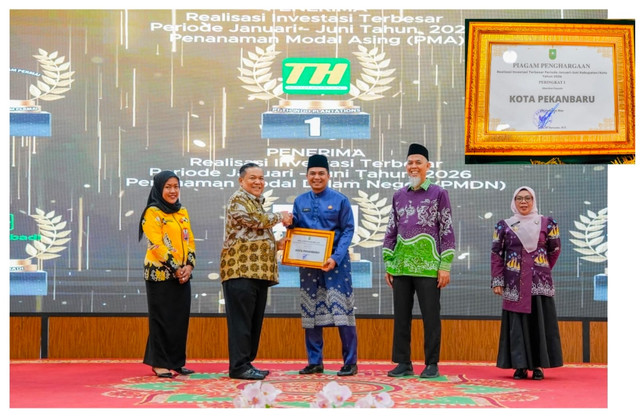 Pemerintah Kota Pekanbaru meraih Peringkat I pada ajang Riau Investment Award 2026 setelah mencatatkan realisasi investasi sebesar Rp 7,35 triliun (156,02% dari target nasional) pada Semester I 2026, Jumat (14/8/2026). Foto: Dok. Diskominfo Pekanbaru