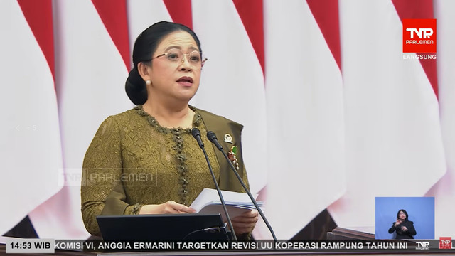 Ketua DPR Puan Maharani menyampaikan pidato dalam Sidang Paripurna Pembukaan Masa Persidangan I DPR Tahun Sidang 2026-2027 di Gedung Nusantara, Kompleks Parlemen, Jakarta, Jumat (14/8/2026). Foto: YouTube/ TVR Parlemen