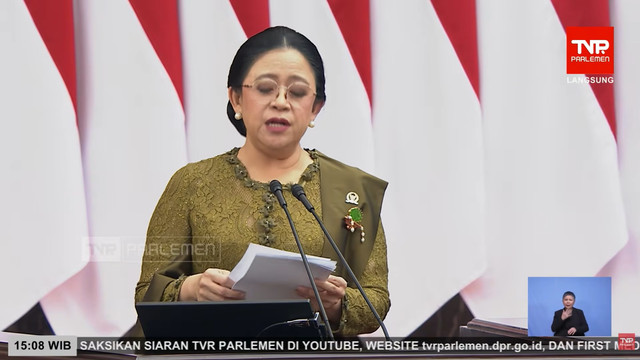 Ketua DPR Puan Maharani menyampaikan pidato dalam Sidang Paripurna Pembukaan Masa Persidangan I DPR Tahun Sidang 2026-2027 di Gedung Nusantara, Kompleks Parlemen, Jakarta, Jumat (14/8/2026). Foto: YouTube/ Sekretariat Presiden