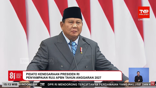 Presiden Prabowo Subianto menyampaikan Pengantar atas RUU tentang APBN Tahun Anggaran 2027 beserta Nota Keuangan saat Sidang Paripurna Pembukaan Masa Persidangan I DPR Tahun Sidang 2026-2027 di Kompleks Parlemen, Jakarta, Jumat (14/8/2026). Foto: YouTube/ Sekretariat Presiden
