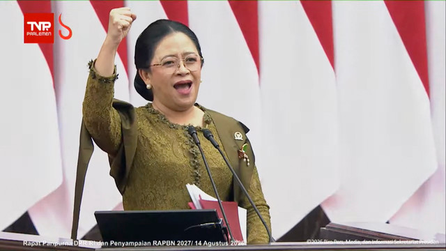 Ketua DPR Puan Maharani menyampaikan pidato dalam Sidang Paripurna Pembukaan Masa Persidangan I DPR Tahun Sidang 2026-2027 di Gedung Nusantara, Kompleks Parlemen, Jakarta, Jumat (14/8/2026). Foto: YouTube/ TVR Parlemen