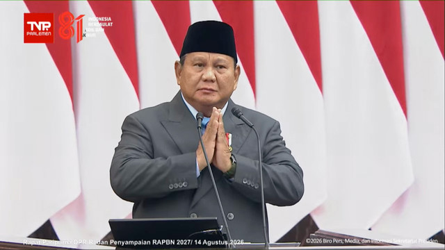 Presiden Prabowo Subianto menyampaikan Pengantar atas RUU tentang APBN Tahun Anggaran 2027 beserta Nota Keuangan saat Sidang Paripurna Pembukaan Masa Persidangan I DPR Tahun Sidang 2026-2027 di Kompleks Parlemen, Jakarta, Jumat (14/8/2026). Foto: YouTube/ TVR Parlemen
