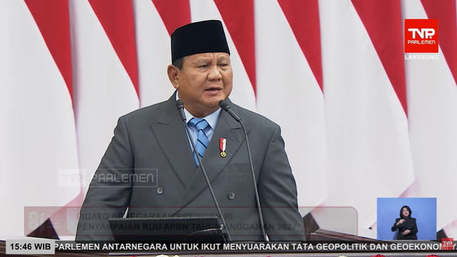 Presiden Prabowo Subianto menyampaikan Pengantar atas RUU tentang APBN Tahun Anggaran 2027 beserta Nota Keuangan saat Sidang Paripurna Pembukaan Masa Persidangan I DPR Tahun Sidang 2026-2027 di Kompleks Parlemen, Jakarta, Jumat (14/8/2026). Foto: YouTube/ TVR Parlemen