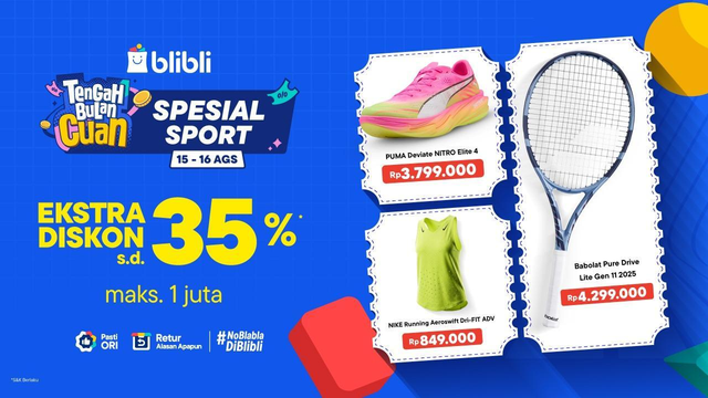 Blibli hadirkan promo Tengah Bulan Cuan Special Sport 15-16 Agustus 2026, diskon hingga 70% dan pilihan gear olahraga original berkualitas. Foto: Blibli