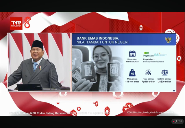 Presiden Prabowo Subianto mengapresiasi perkembangan pasar emas Indonesia dalam Sidang Tahunan MPR RI dan Bersama DPR RI & DPD RI Tahun 2026 di di Kompleks Parlemen, Senayan, Jakarta, Jumat (14/8/2026). Foto: Dok. Istimewa