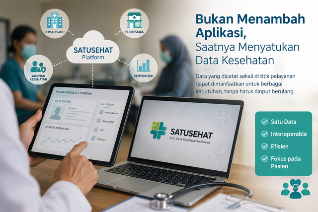 Ilustrasi ekosistem data kesehatan yang saling terhubung melalui SATUSEHAT untuk mengurangi pencatatan berulang. Dok. Ilustrasi AI