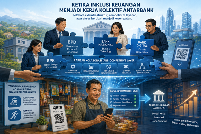 Ilustrasi kerja kolektif antarbank untuk mengoptimalkan inklusi keuangan bagi pelaku usaha. Foto generated by AI