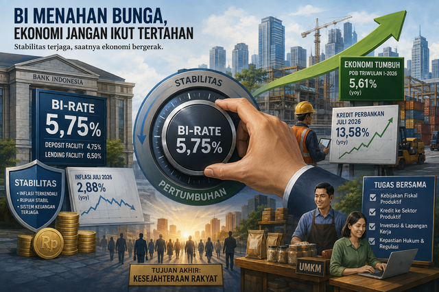 Ilustrasi Bank Indonesia (BI) menahan bunga dan ekonomi jangan ikut tertahan. Foto: Generate by AI.