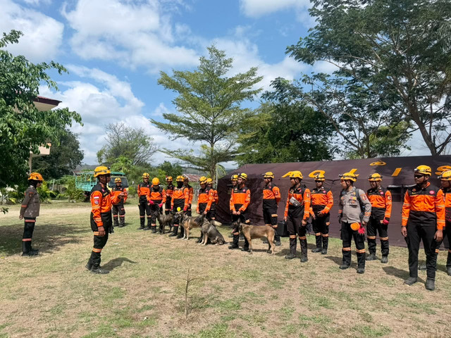 Tim K-9 SAR Polri kerahkan 10 anjing pelacak perkuat operasi kemanusiaan dan pencarian korban pascagempa di wilayah Manggarai serta Manggarai Timur, NTT, Kamis (20/8/2026). Foto: Dok. Polri
