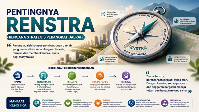 Renstra bukan sekadar dokumen perencanaan, tetapi menjadi kompas yang mengarahkan program, kegiatan, dan anggaran perangkat daerah agar selaras dengan tujuan pembangunan serta menghasilkan kinerja yang berdampak bagi masyarakat.