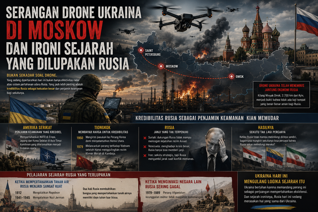 Infografis atas serangan drone Ukraina ke Rusia selama Juni-Agustus 2026, serta beberapa fakta sejarah saat Rusia mempertahankan diri dari invasi negara dan saat Rusia jadi agresor terhadap negara lain. Infografis ini menunjukkan perbedaan yang sangat jelas. Sumber gambar: gambar buatan AI.