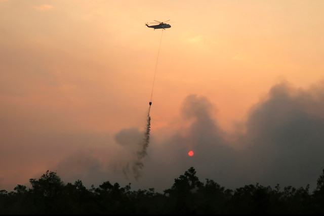 Sebuah helikopter menjatuhkan air ke hutan dan lahan yang terbakar di daerah Petuk Katimpun di Palangkaraya, Kalimantan Tengah, Kamis (20/8/2026). Foto: REINA / AFP
