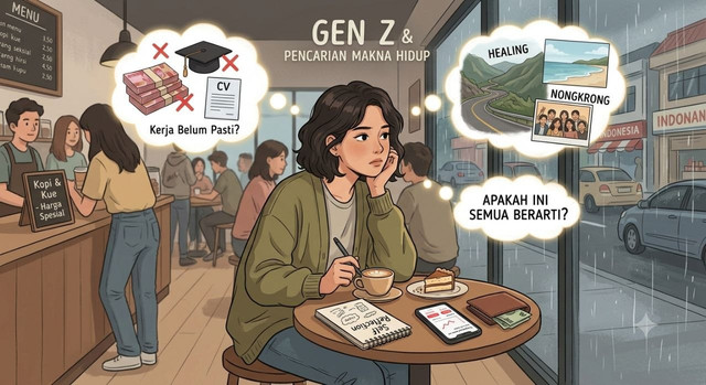 Ilustrasi seorang pemuda Gen Z yang melamun di kafe, merenungkan dilema antara beban finansial dan pencarian gaya hidup yang bermakna. (AI-Generated)