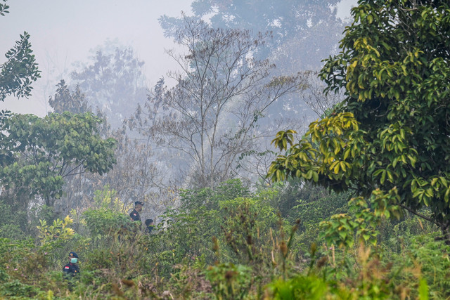 Petugas gabungan melakukan pemadaman lokasi kebakaran hutan dan lahan (karhutla) di Kawasan Kubu Raya, Pontianak, Kalimantan Barat, Sabtu (22/8/2026). Foto: Galih Pradipta/ANTARA FOTO