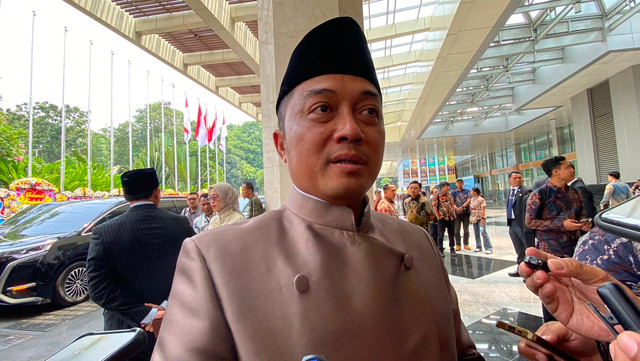 Menteri Sekretariat Negara Indonesia, Prasetyo Hadi usai pernikahan Sekretaris Pribadi Presiden Prabowo Subianto, Rizky Irmansyah, di Jakarta Convention Center (JCC), Jakarta, Minggu (23/8/2026).
 Foto: Aditya Nugraha/kumparan
