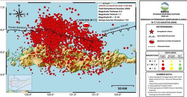 Peta sebaran gempa susulan Flores M7,7 per 23 Agustus 2026, dirilis BMKG Stasiun Geofisika Kupang. Sumber: BMKG Stasiun Geofisika Kupang