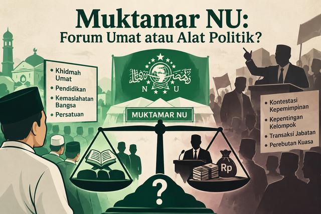 Ilustrasi Muktamar NU yang menggambarkan persinggungan antara khidmah umat, kepemimpinan, dan dinamika politik dalam organisasi.