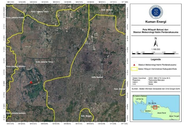 Gambar 2 Peta Wilayah Bekasi dengan Jangkauan dariStasiun Meteorologi Halim Perdanakusuma (Jakarta Timur)