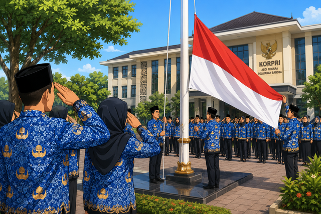 (Sumber: ilustrasi oleh AI, ASN upacara dengan seragam KORPRI)