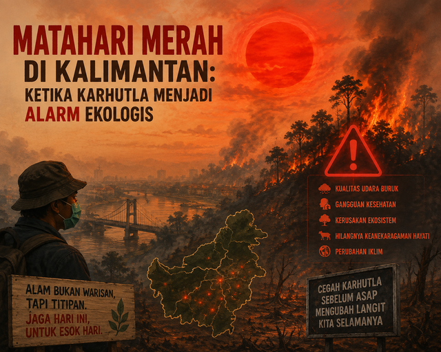 Ilustrasi Matahari Merah di Kalimantan: Ketika Karhutla Menjadi Alarm Ekologis (Sumber Gambar: AI Image Generator)